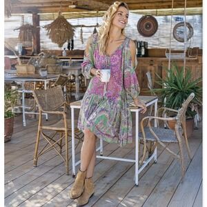 MISS JUNE Paris Embroidered Paisley Boho Mini Dress Pink Green Rayon Women's O/S